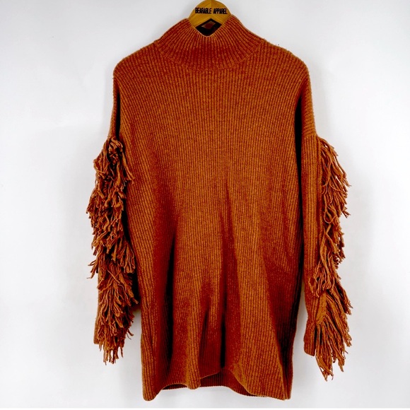 BCBG MAX AZRIA TURTLENECK FRINGE WOOL BLND FRINGE TUNIC SWEATER - SZ L - Picture 3 of 8